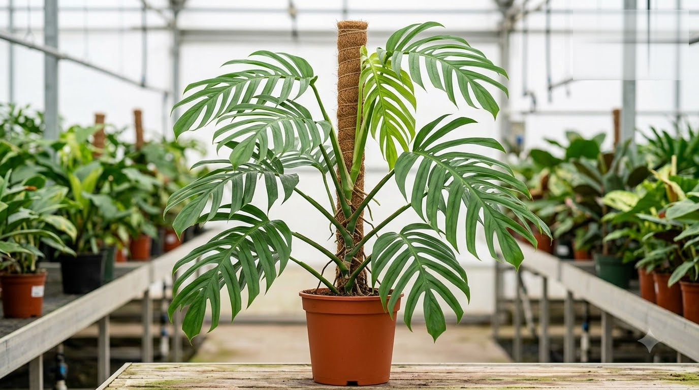 Monstera plant with split leaves climbing a coir totem pole in a potted pot inside a greenhouse.