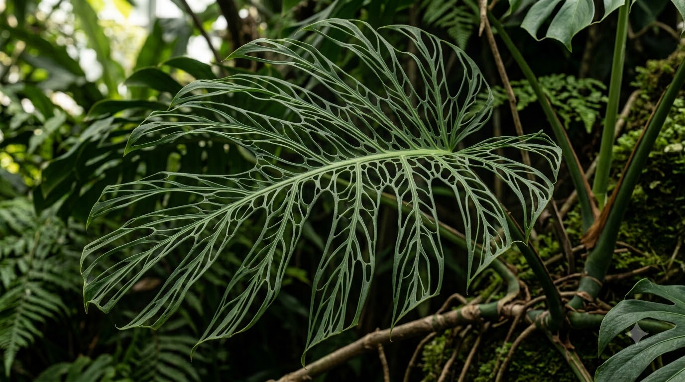 Large, heavily fenestrated tropical leaf with intricate web-like patterns against a lush jungle background.