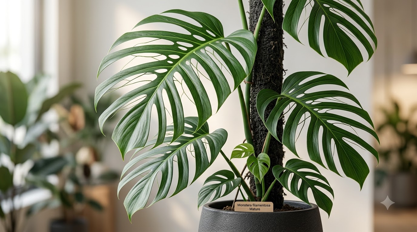Close-up of a mature Monstera plant with large fenestrated leaves growing up a moss pole in a pot.