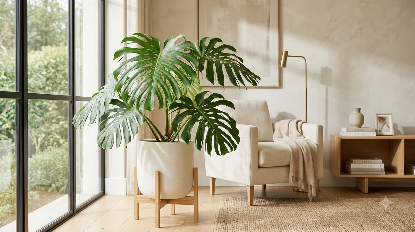 Large potted Monstera plant in a light-filled living room with an armchair and wooden furniture.