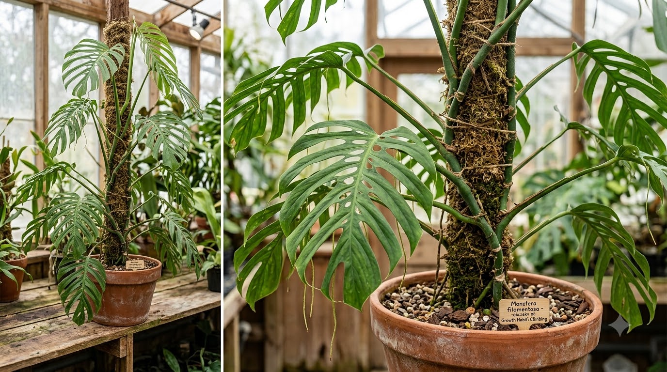 Two split-leaf monstera plants climbing moss poles in terracotta pots inside a greenhouse.