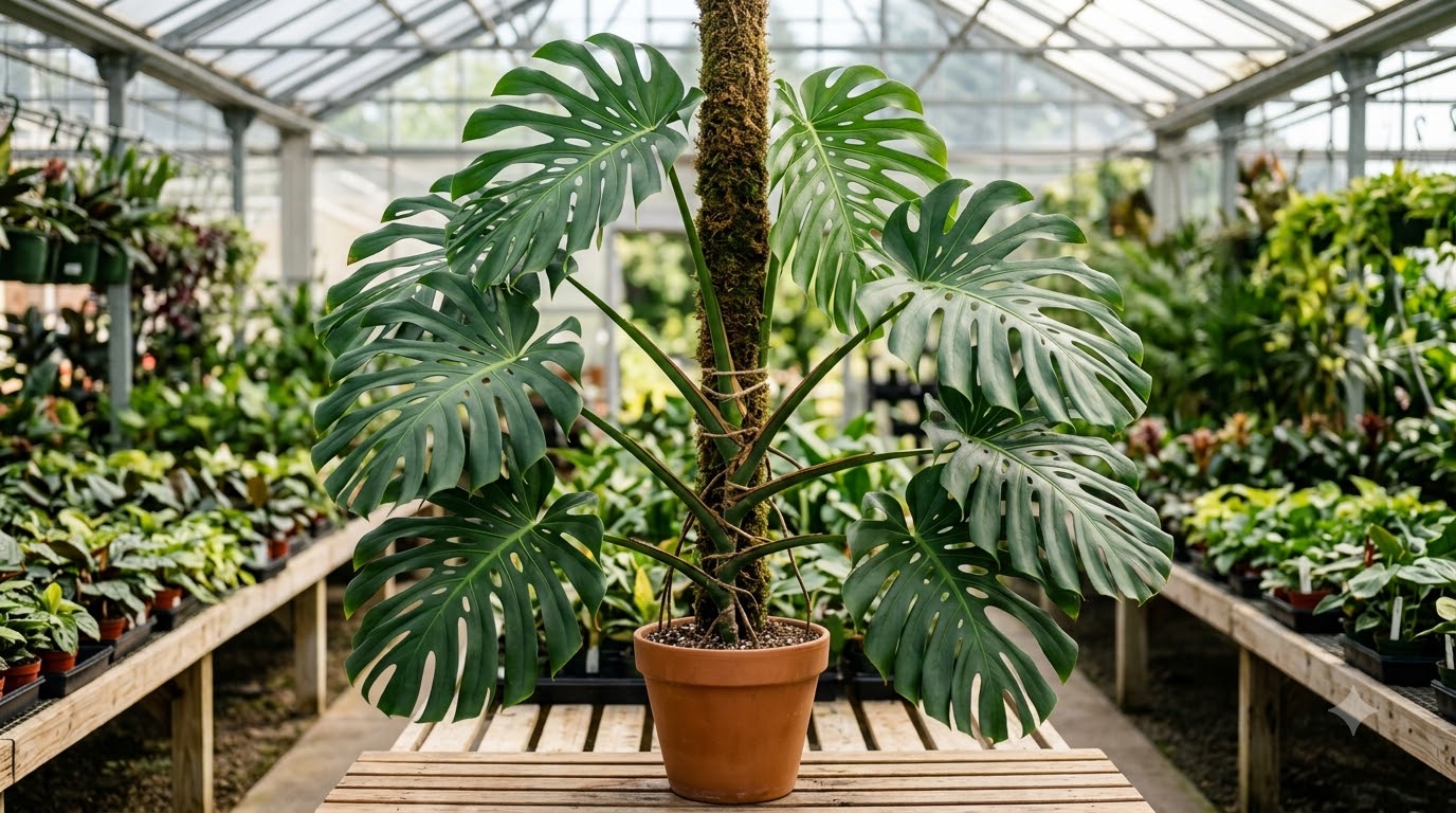 Monstera plant in a terracotta pot supported by a moss pole inside a greenhouse.