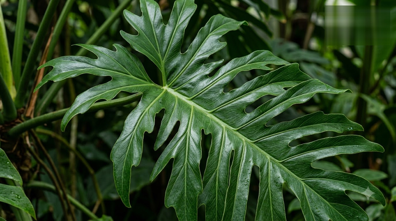 Close-up of a large green leaf with deeply lobed edges and prominent veins.