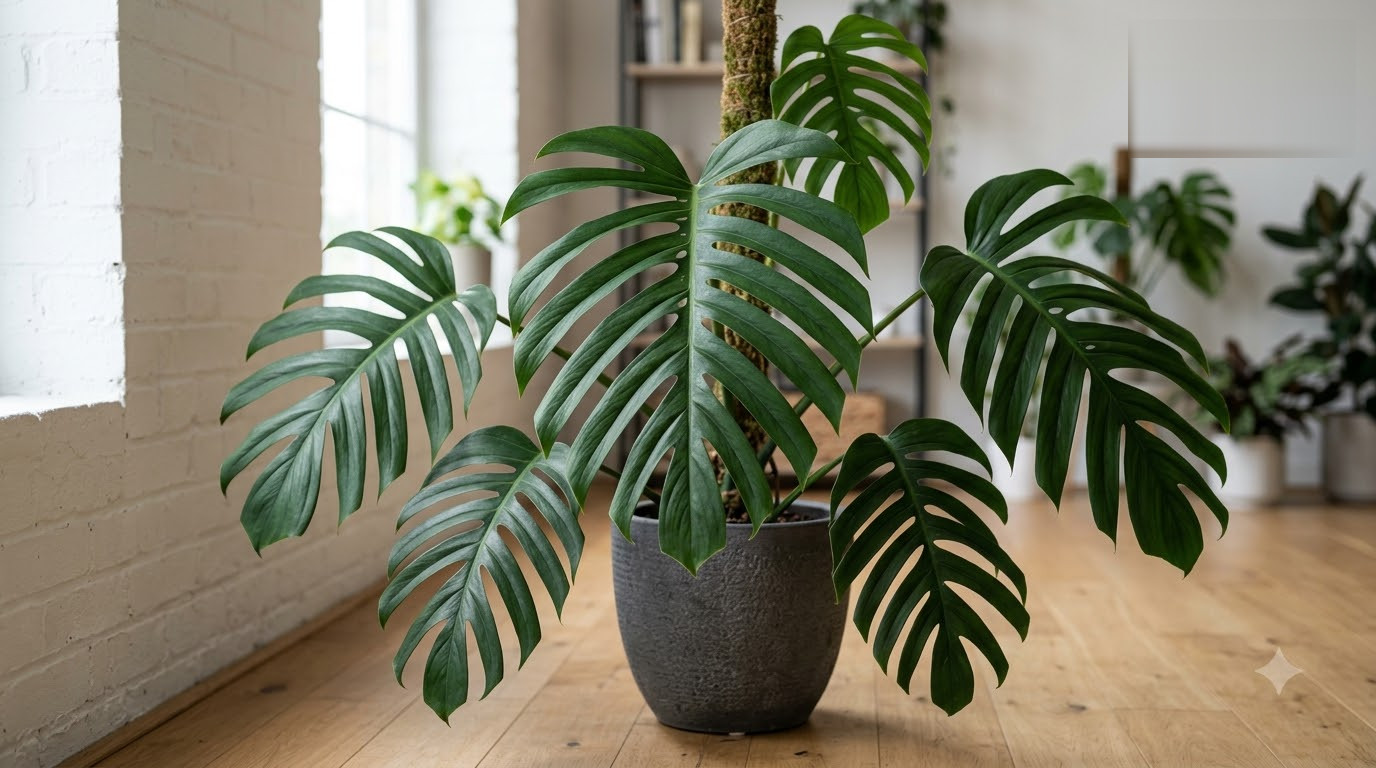 Large potted Monstera plant with split leaves climbing a moss pole in a bright room with wooden floors.