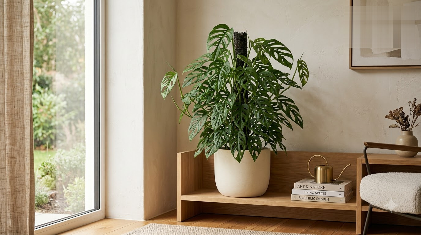 Monstera monkey mask plant climbing a moss pole in a white pot on a wooden shelf next to a window.