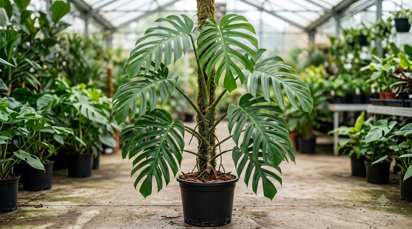 Large Monstera plant with split green leaves climbing a moss pole in a nursery.