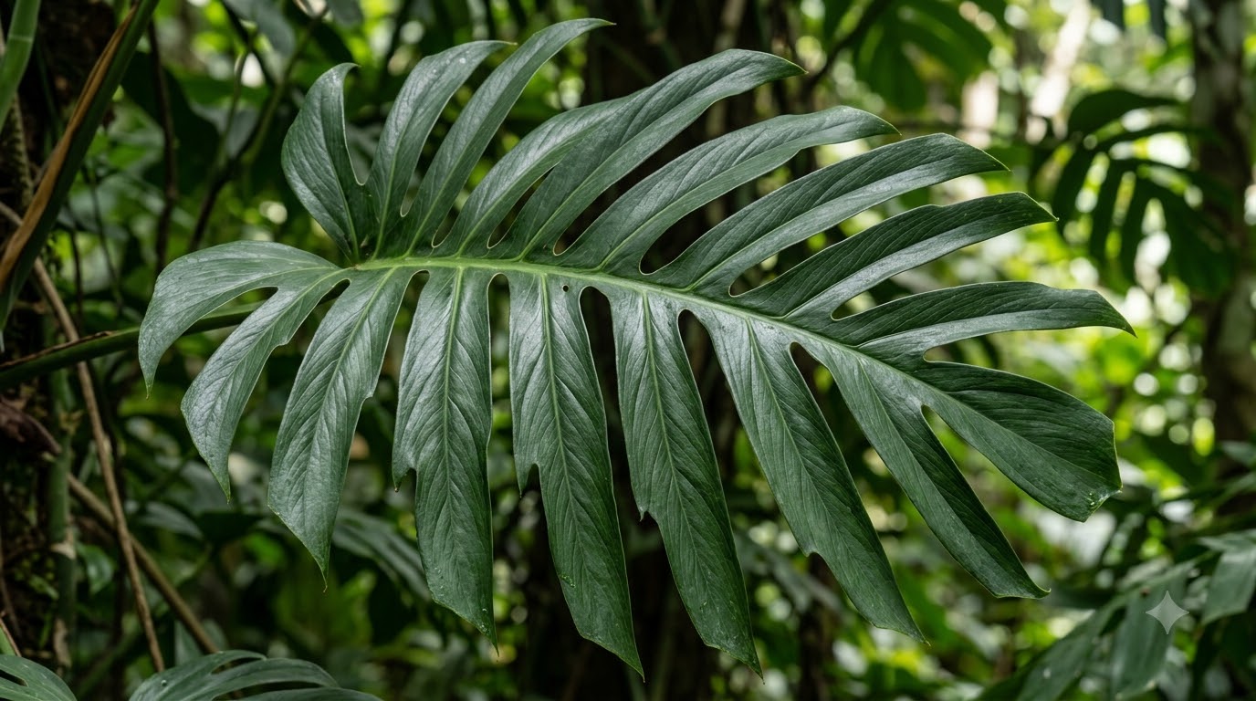 Close-up of a large, deeply split green leaf with prominent veins in a tropical setting.