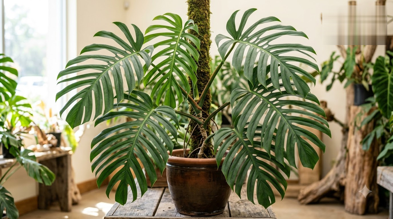 Monstera plant in a brown pot supported by a moss pole inside a bright room.