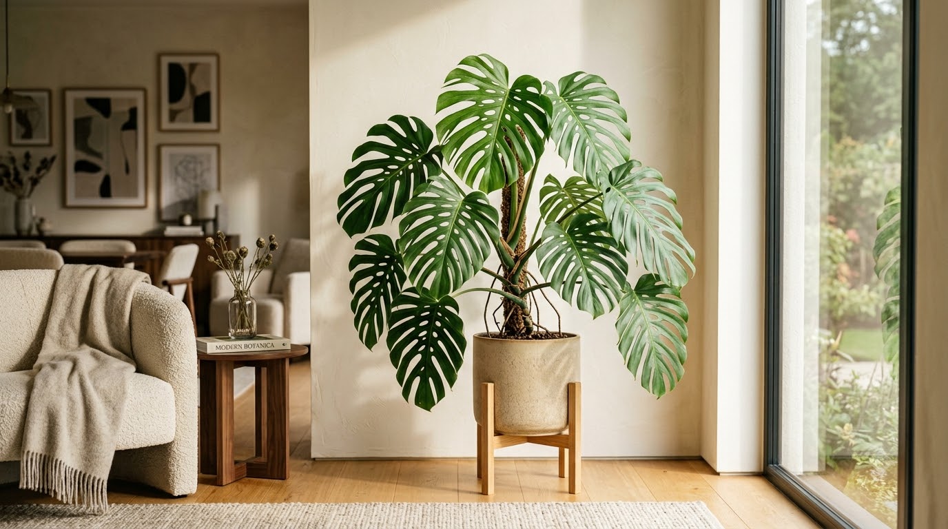 Large potted monstera plant on a wooden stand in a bright, modern living room.