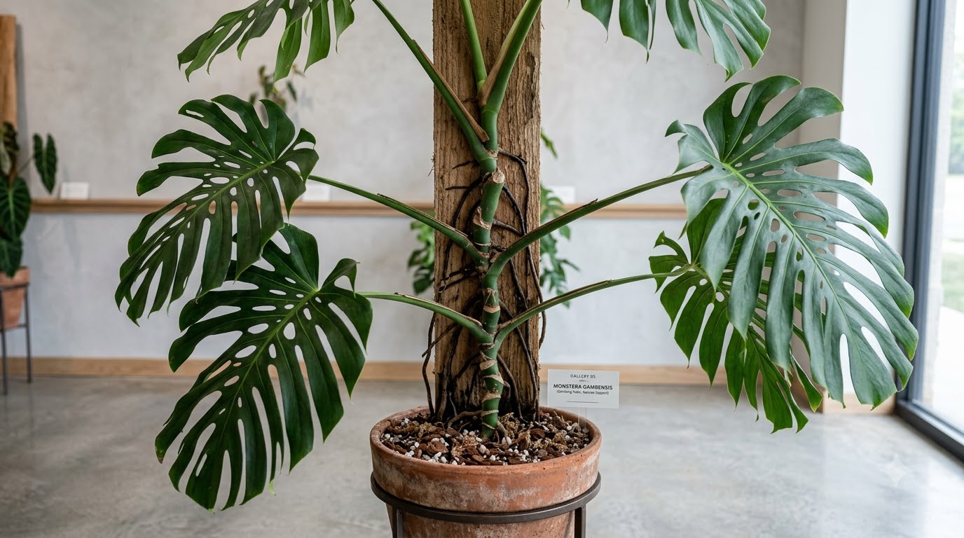 Monstera plant climbing a moss pole in a terracotta pot with a label in front.
