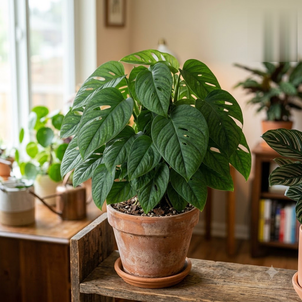 Potted Monstera gambensis with distinctive fenestrated leaves sitting on a wooden stand.