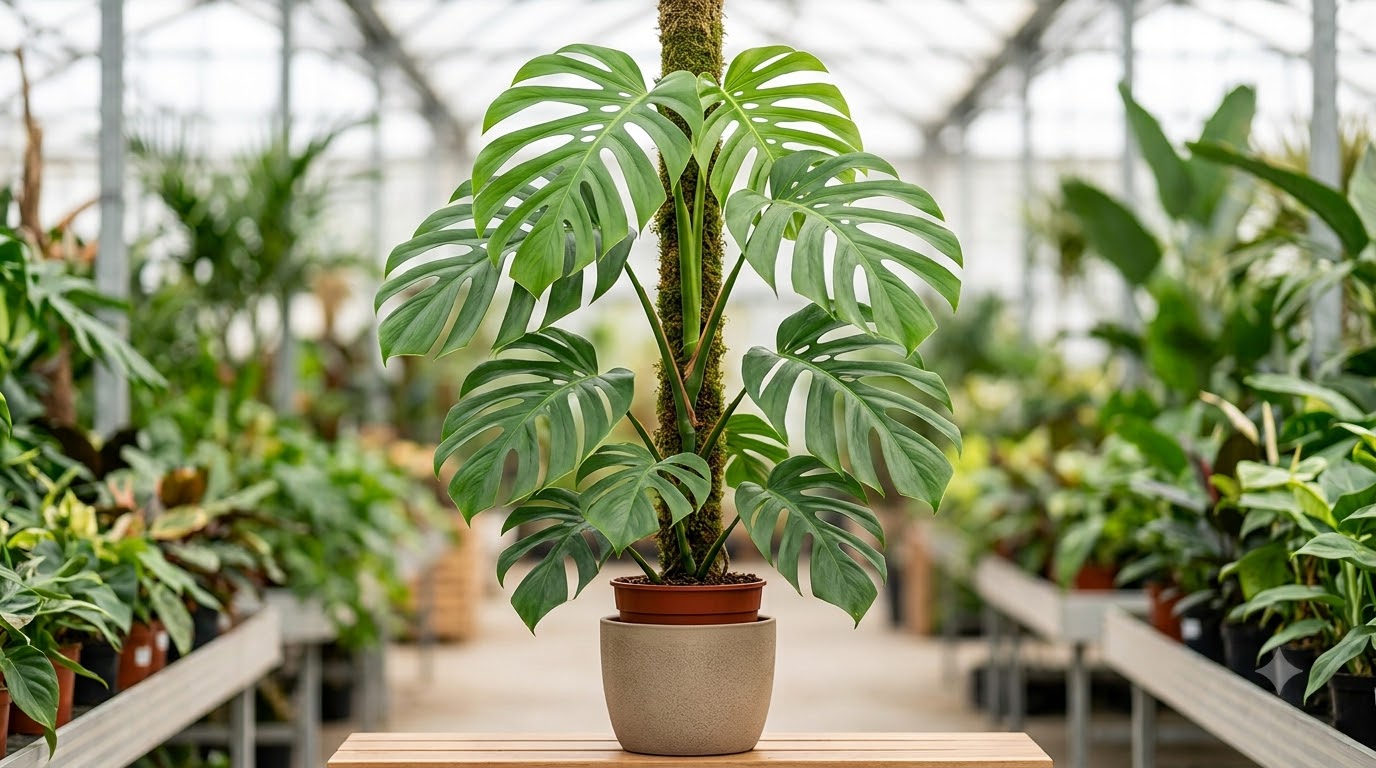 Monstera plant with split leaves supported by a moss pole, in a pot inside a greenhouse.
