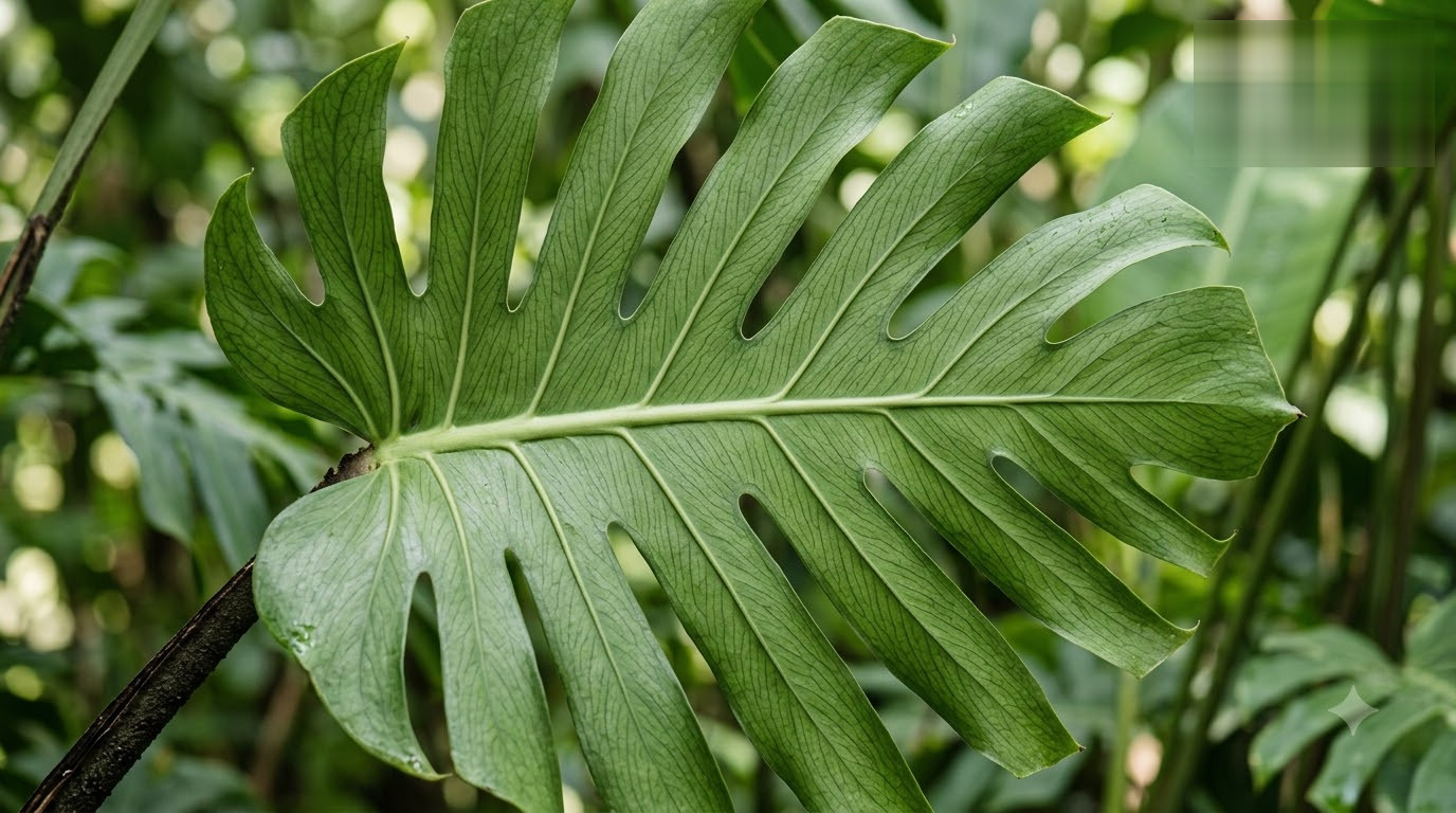 Close-up of a large green leaf with distinct split edges and detailed veins.