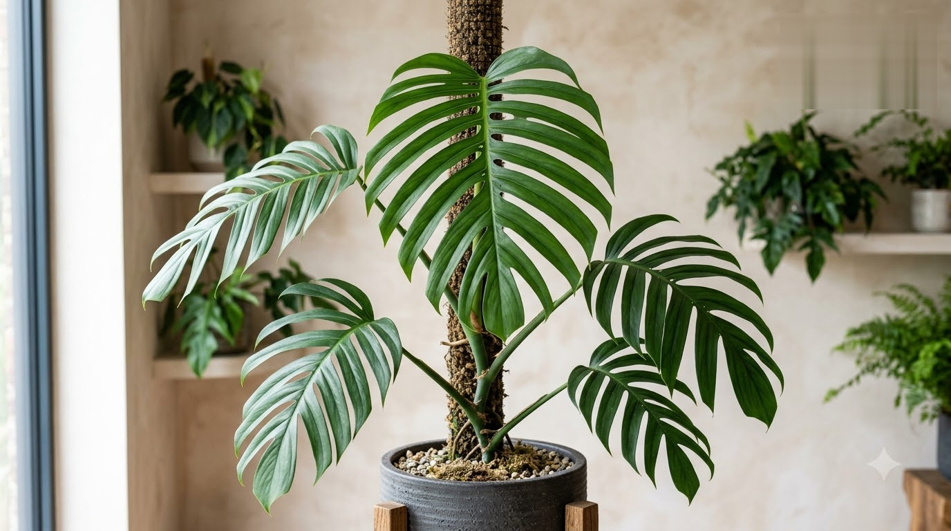 Large Monstera plant climbing a moss pole in a pot, with other potted plants on shelves in the background.