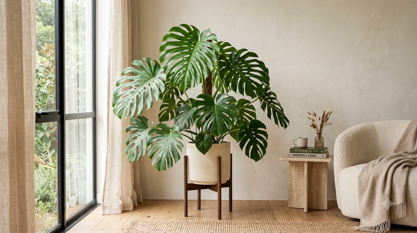 Large monstera plant in a light-colored pot on a dark wooden stand in a bright, modern living room.
