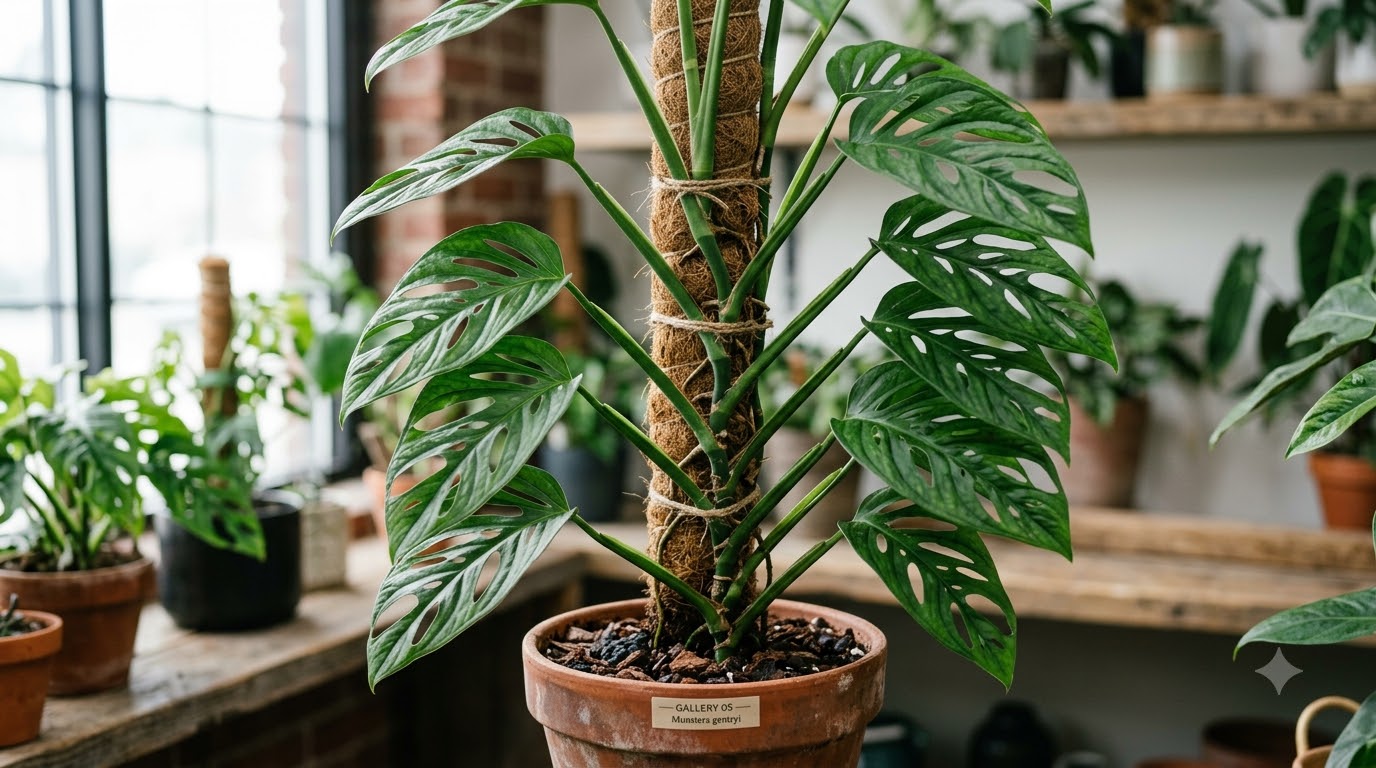 Monstera plant climbing a coir moss pole in a terracotta pot inside a plant-filled room.