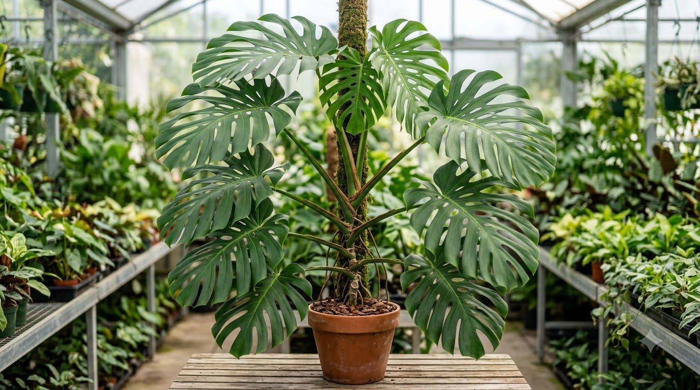 Large Monstera plant with split leaves climbing a moss pole in a terracotta pot inside a greenhouse.