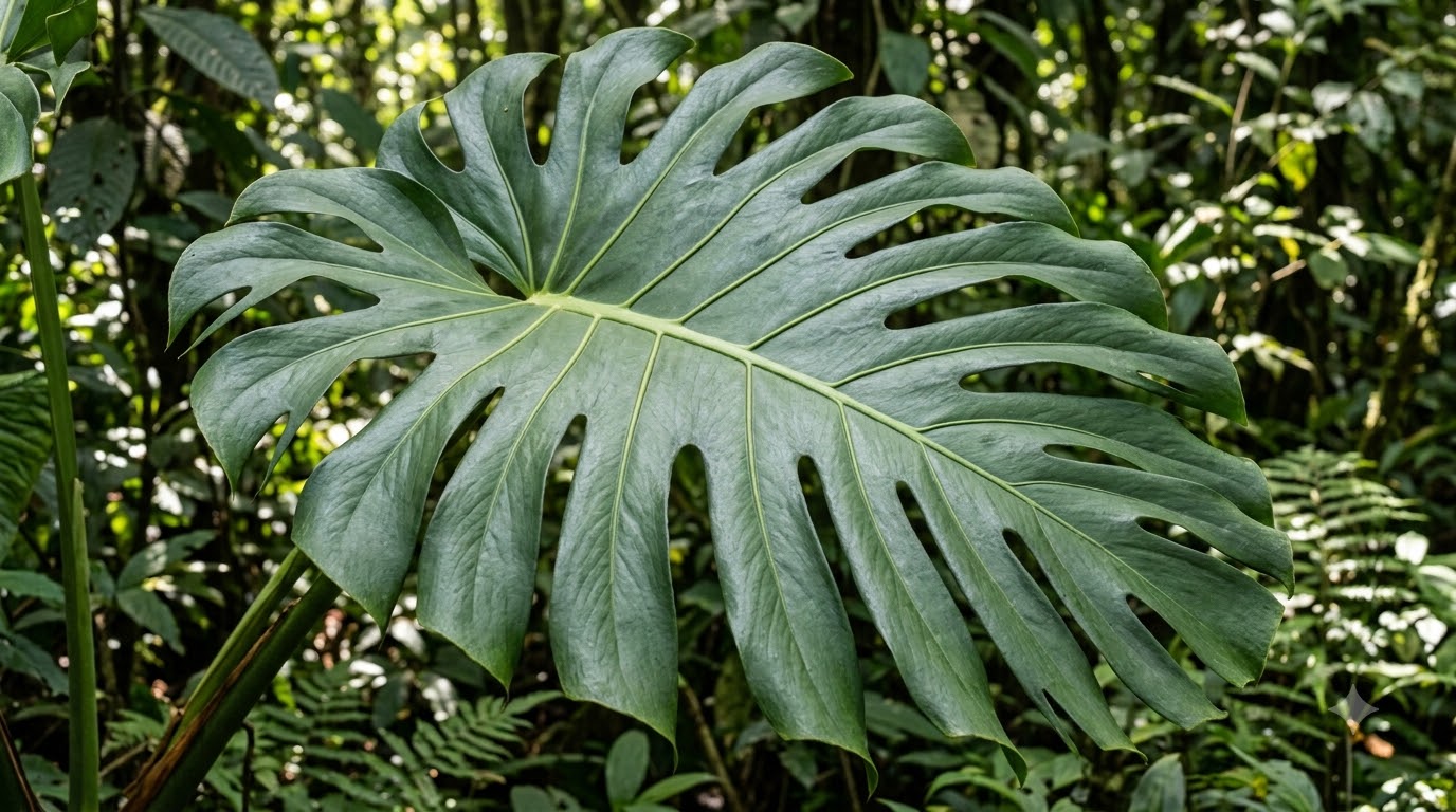 Close-up of a large, split-leaf Monstera plant in a lush forest environment.