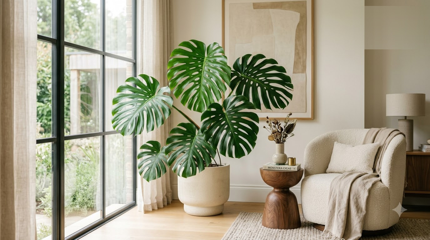 Large potted Monstera plant next to a window in a minimalist living room with an armchair and side table.