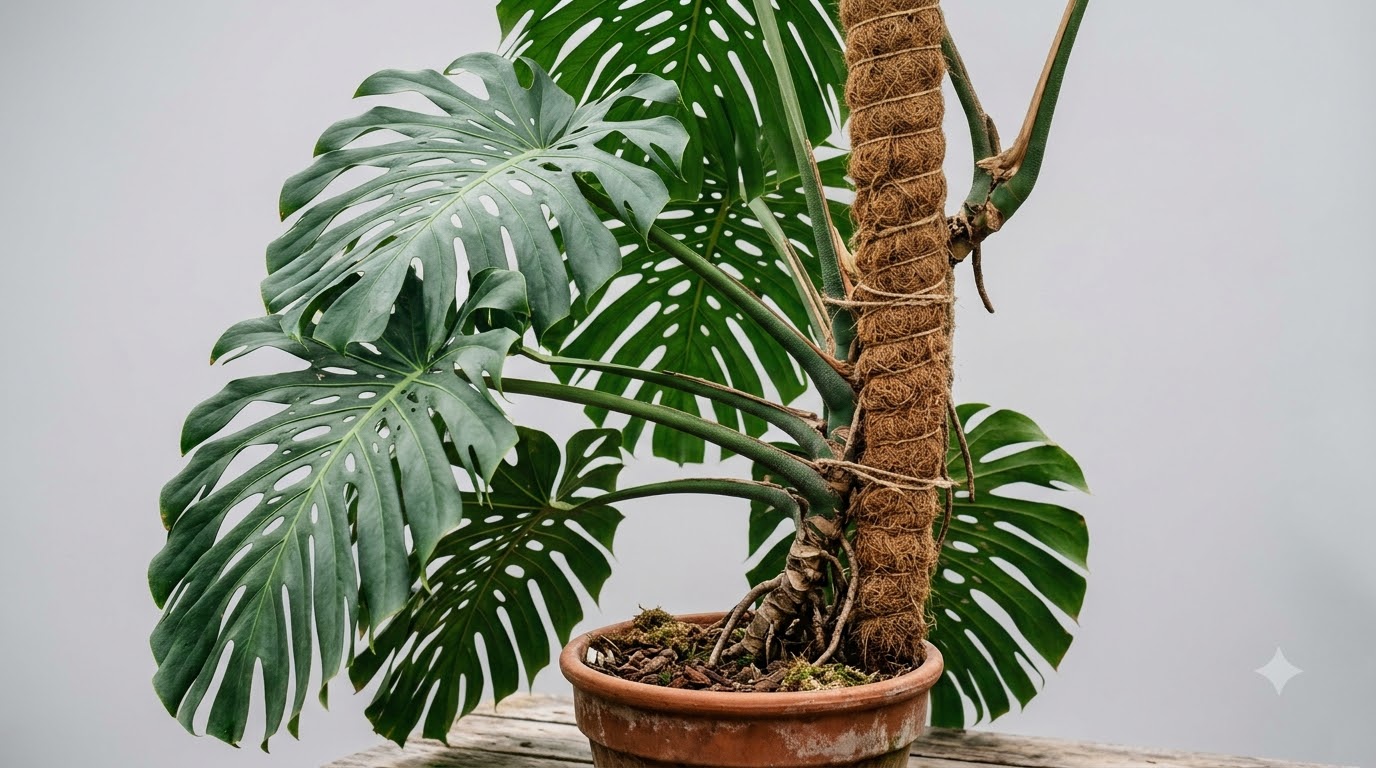 Monstera plant in a terracotta pot supported by a coir totem pole.