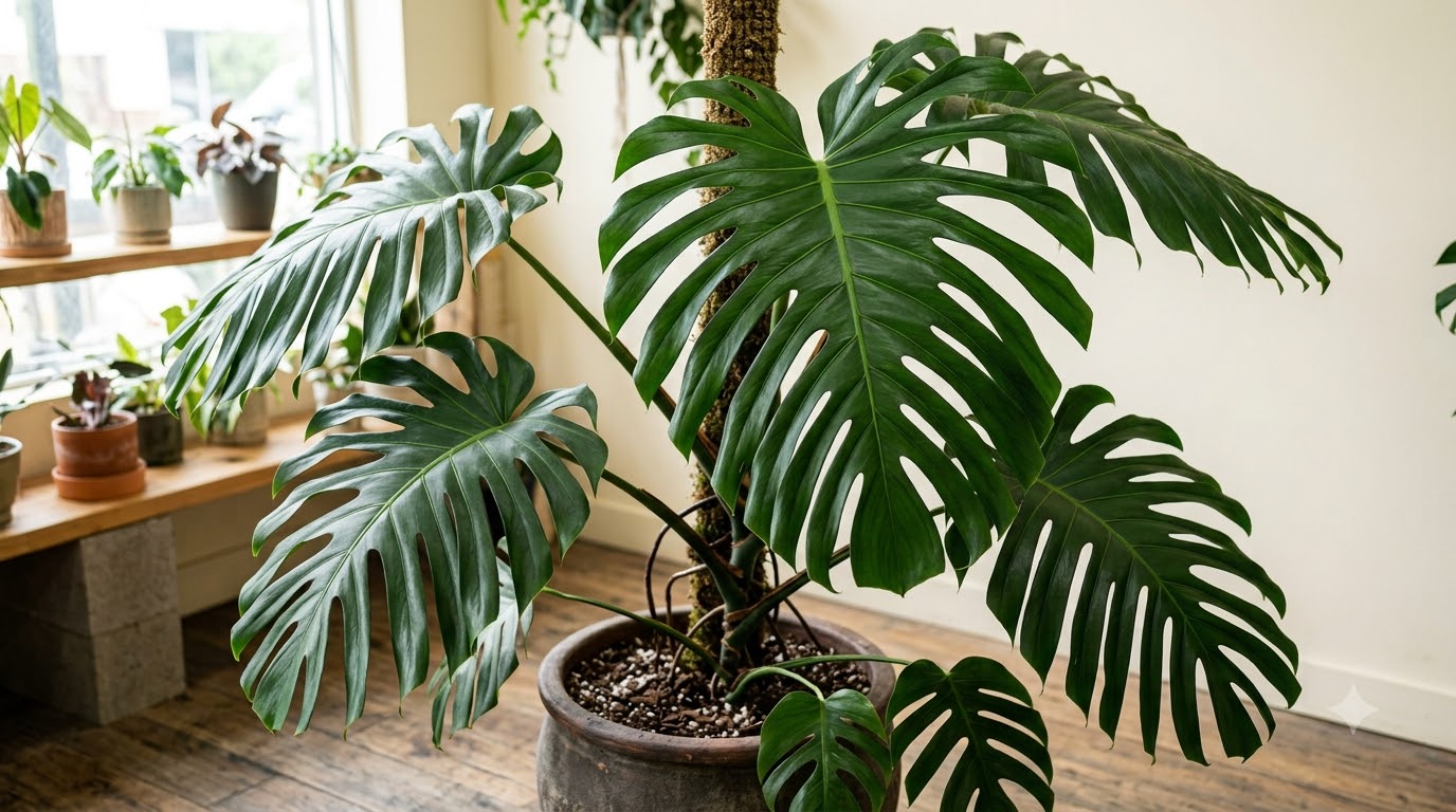 Large Monstera plant with split leaves climbing a moss pole in a pot.