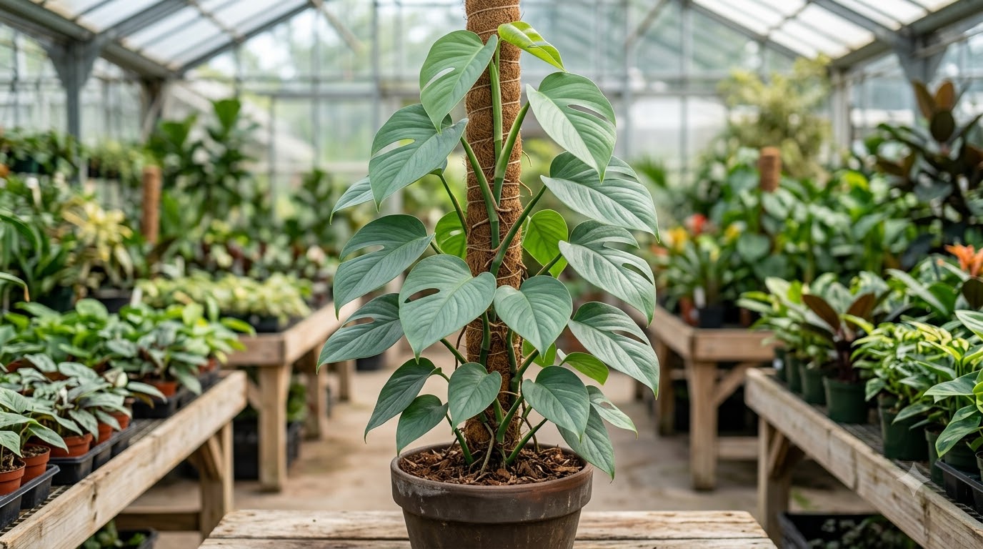 Monstera plant with fenestrated leaves climbing a coir totem pole in a greenhouse.