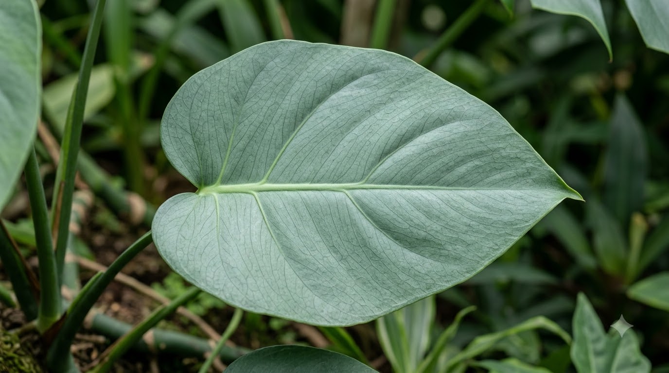 Close-up of a large, pale green leaf with a prominent central vein and subtle venation pattern.