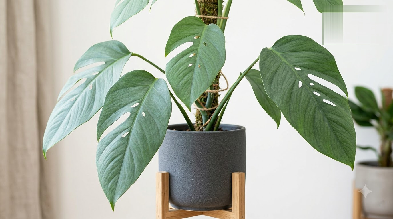 Close-up of a Monstera plant with fenestrated leaves growing up a moss pole in a dark pot on a wooden stand.