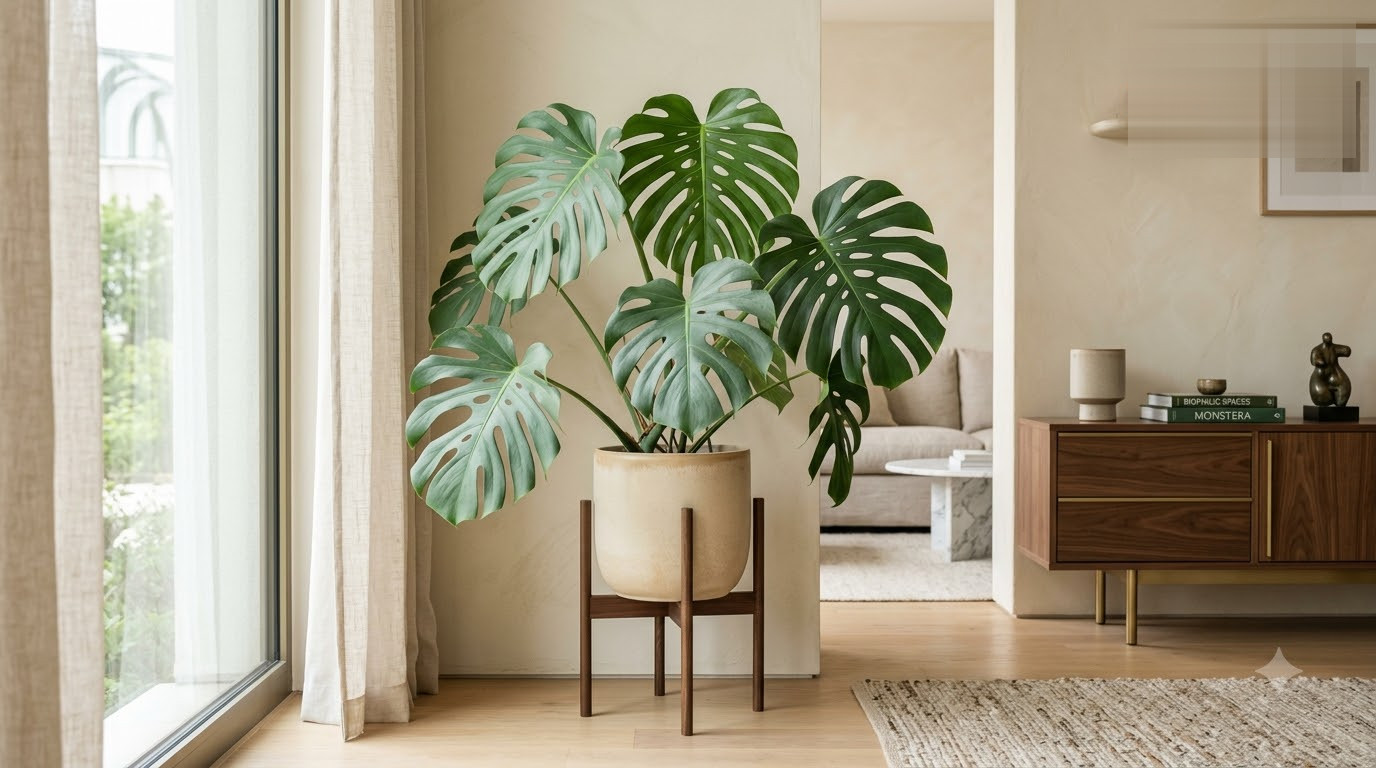 Large Monstera plant in a ceramic pot on a dark wooden stand in a brightly lit, modern living room.