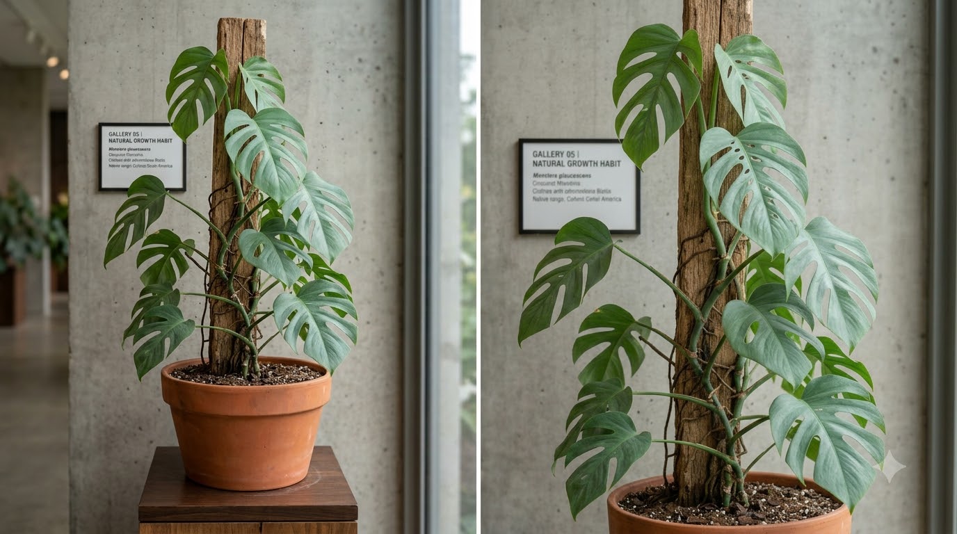 Monstera plant climbing a wooden stake in a terracotta pot with a gallery exhibit sign in the background.