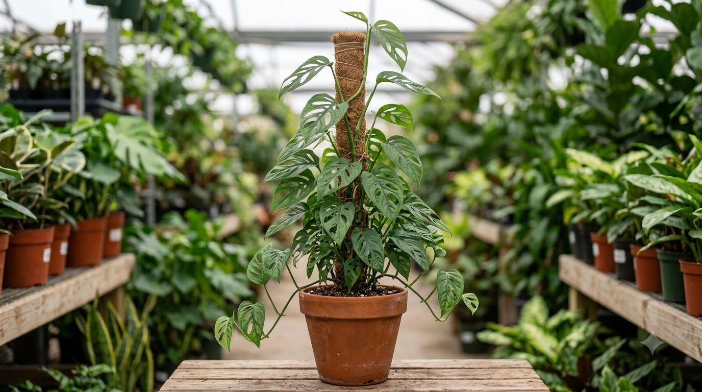 Monstera adansonii climbing a coir pole in a terracotta pot inside a plant nursery.
