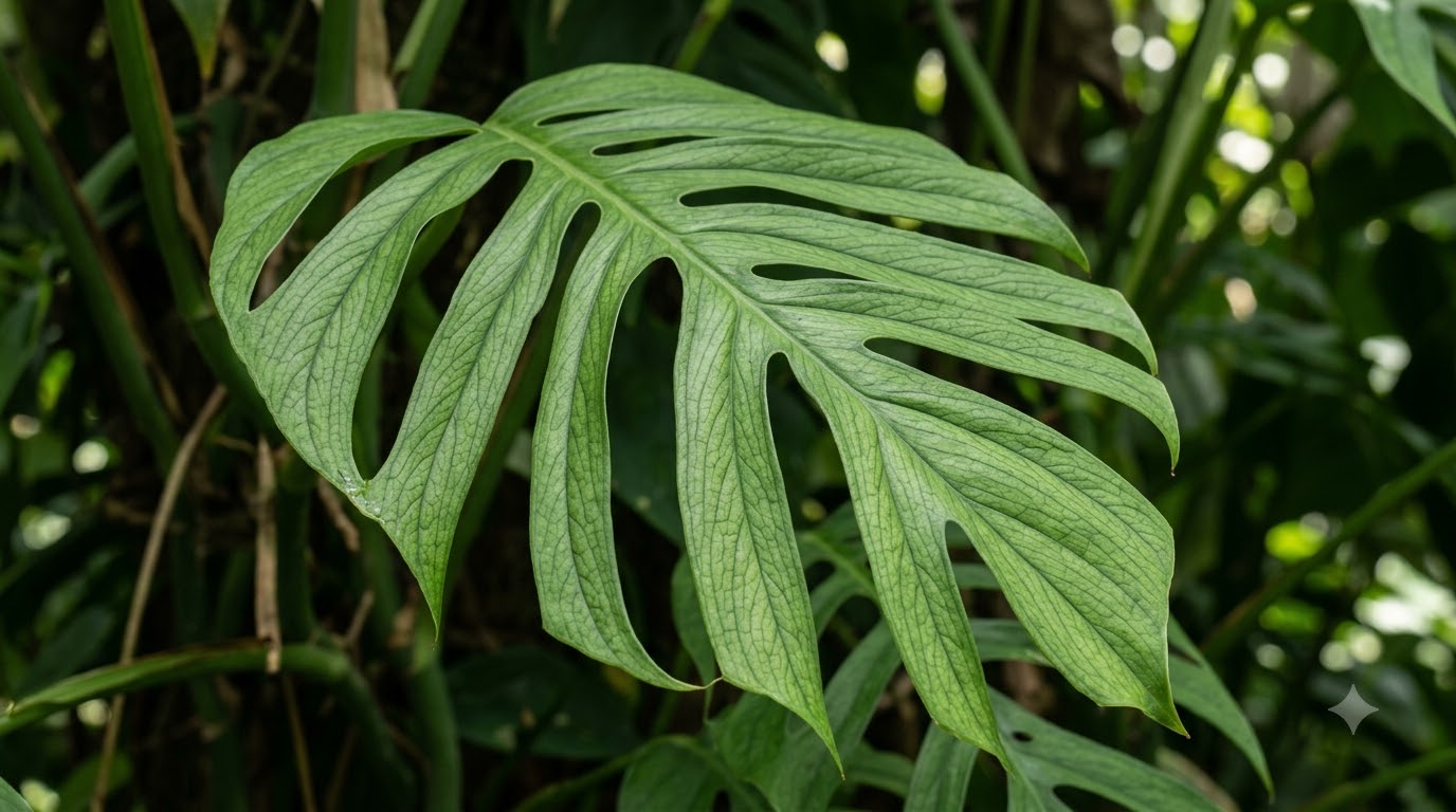 Close-up of a large, deeply fenestrated green leaf with prominent veins amidst a tropical background.