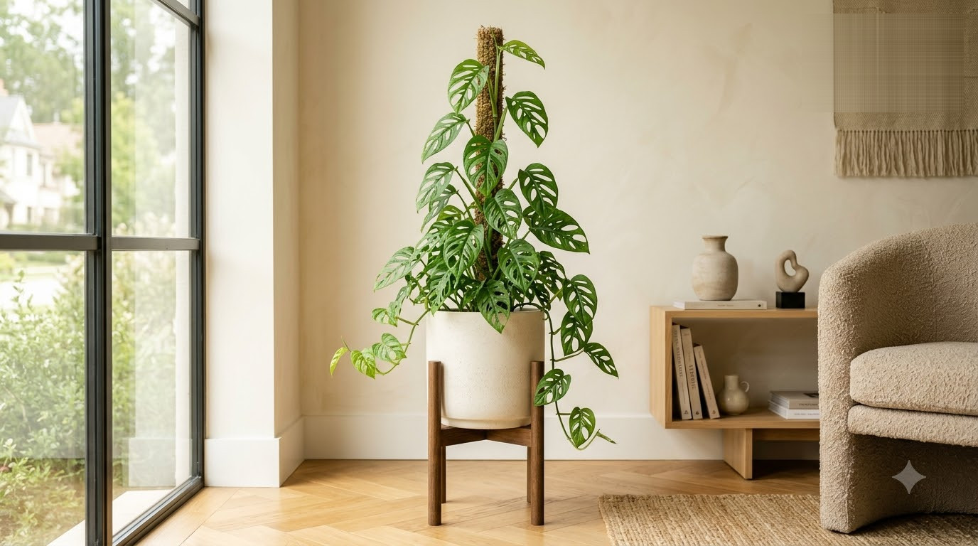 Monstera plant with fenestrated leaves growing up a moss pole in a standing pot inside a bright room.