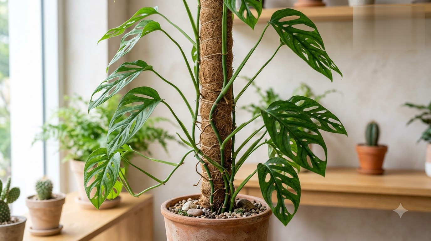 Monstera plant with fenestrated leaves climbing a coir moss pole in a terracotta pot.