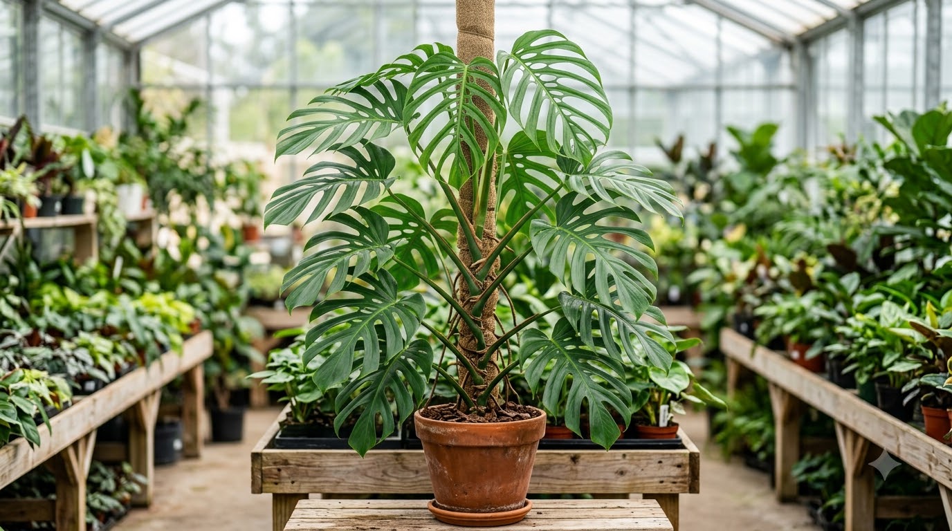 Large monstera plant with split leaves supported by a moss pole in a terracotta pot inside a greenhouse.