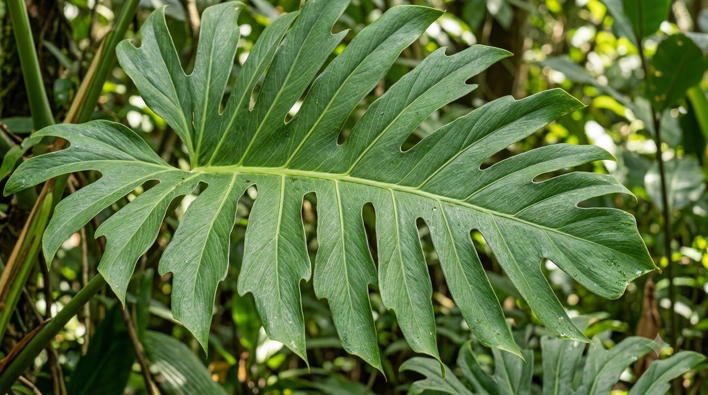 Close-up of a large, deeply lobed green leaf with prominent veins in a tropical forest.