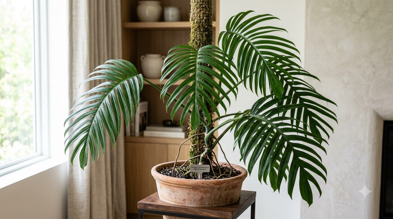 Large monstera plant climbing a moss pole in a terracotta pot on a wooden stand.