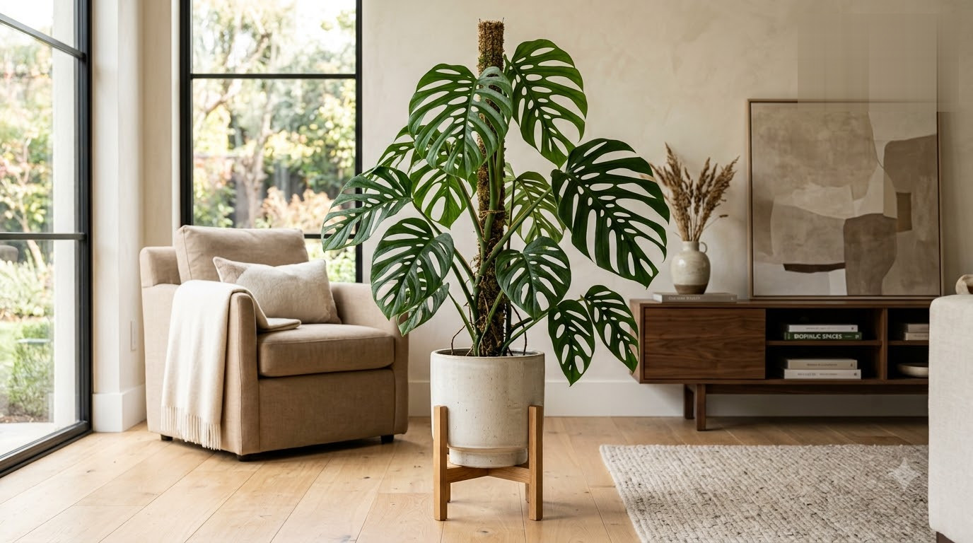 Large Monstera plant with split leaves climbing a moss pole in a ceramic pot with wooden stand in a living room.
