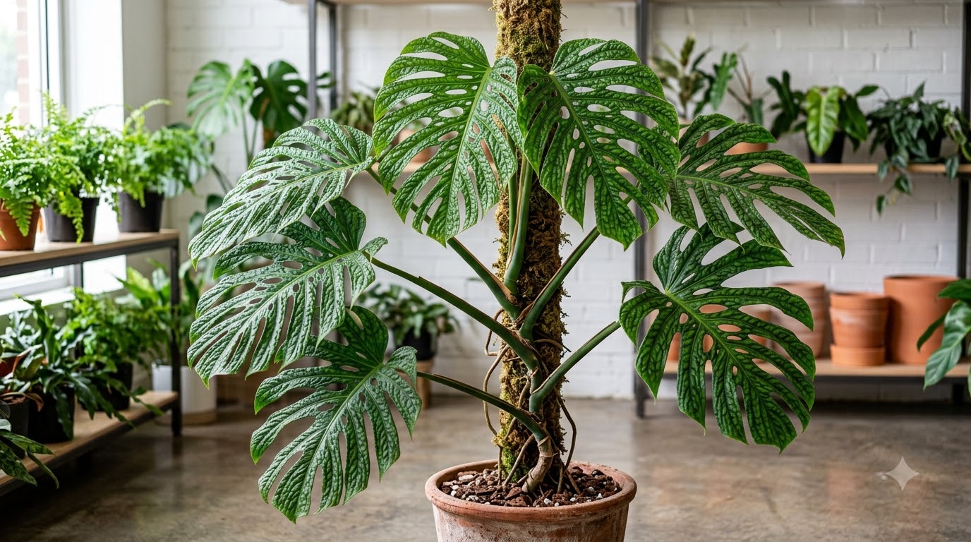 Monstera plant with large, fenestrated leaves growing up a moss pole in a pot.