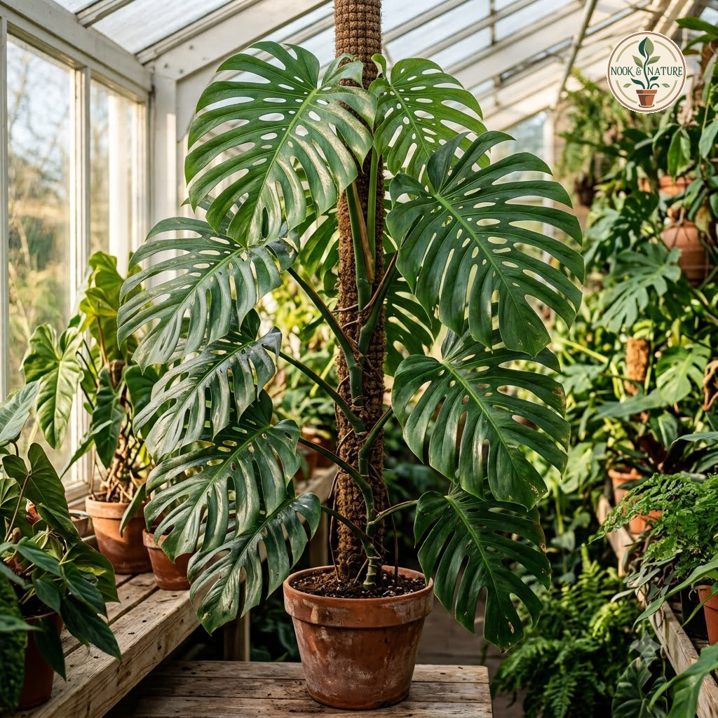 Monstera guzmanjacobiae climbing a moss pole in a terracotta pot inside a greenhouse.