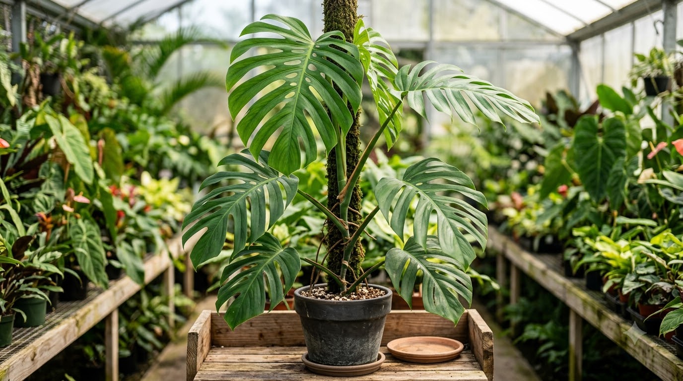 Monstera plant climbing a moss pole in a pot inside a greenhouse.