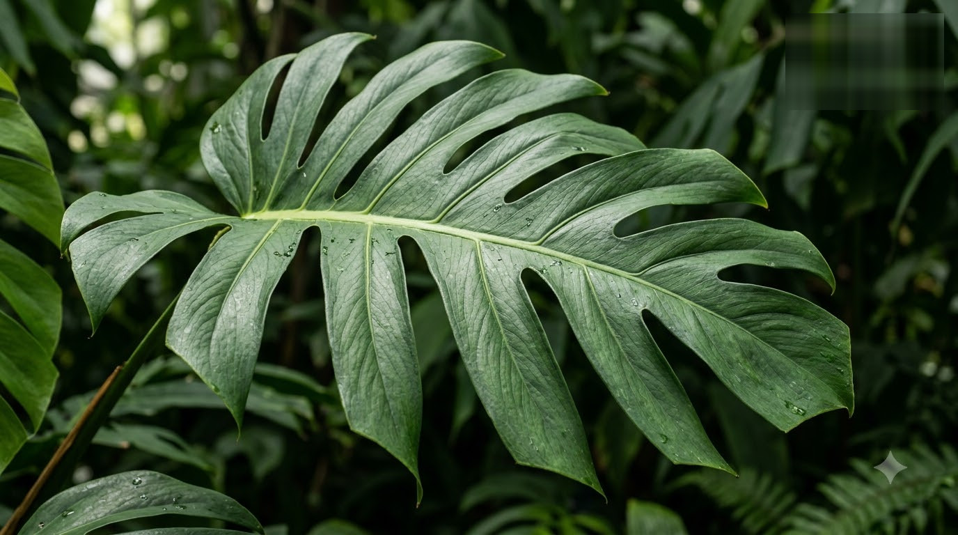 Close-up of a large, split tropical leaf with detailed veins against a dark background.
