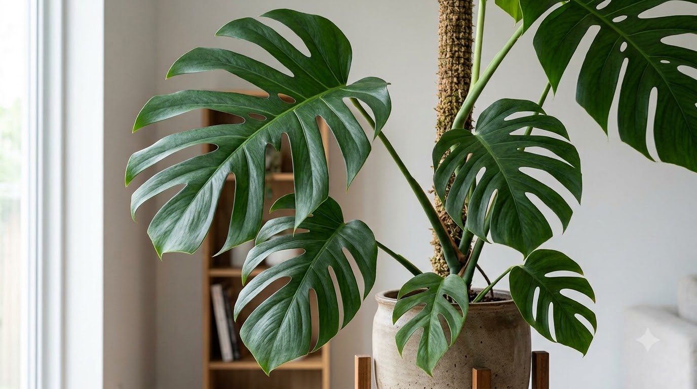 Monstera plant with large split leaves growing on a moss pole in a ceramic pot.
