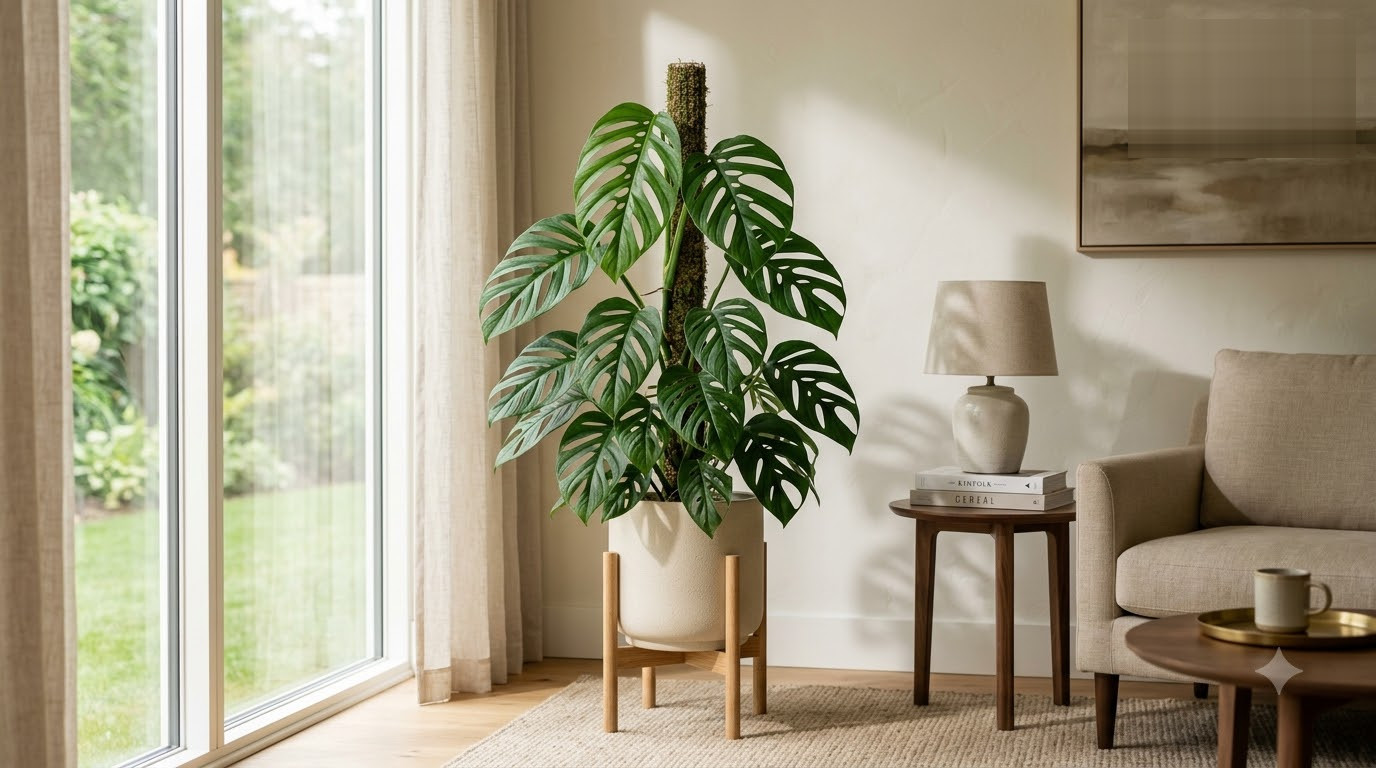 Monstera plant with split leaves supported by a moss pole in a light ceramic pot with wooden stand inside a living room.