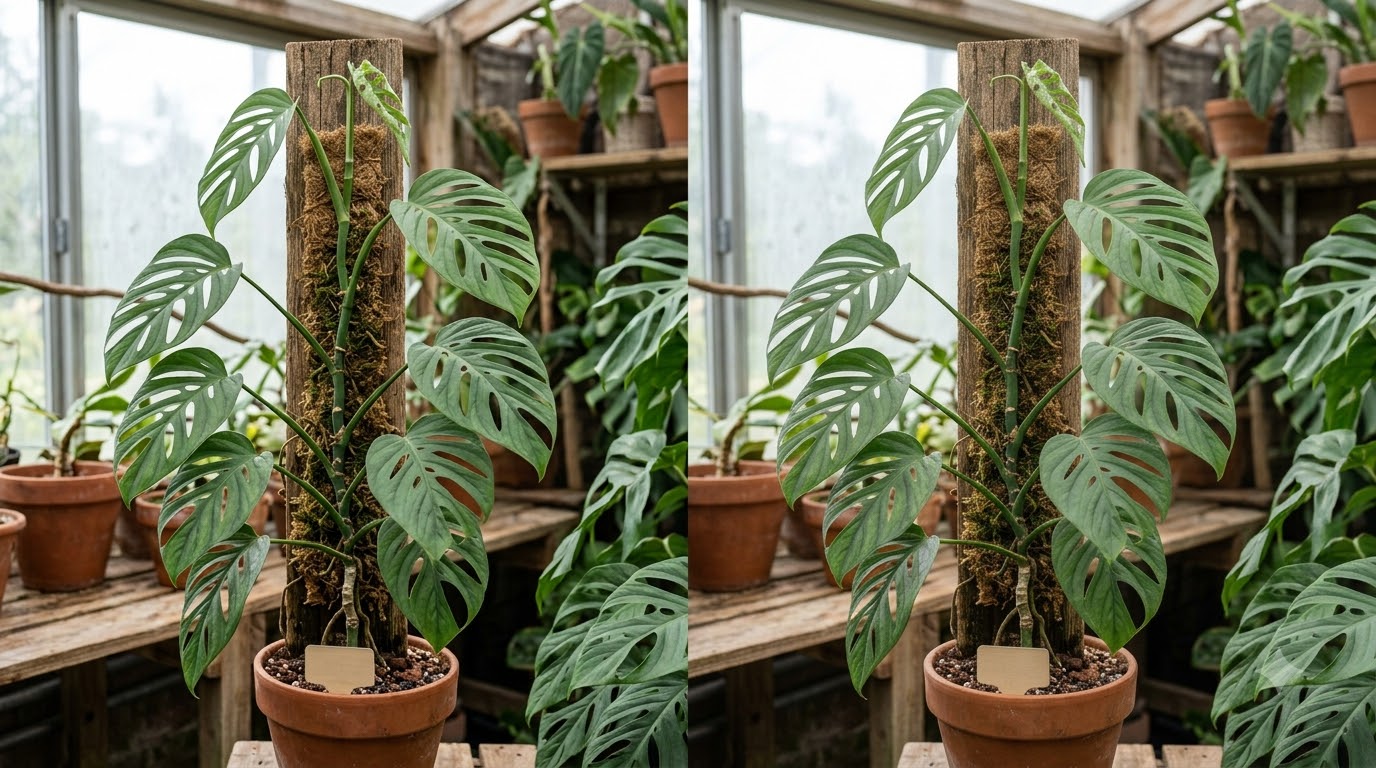 Two side-by-side images of a Monstera plant with fenestrated leaves climbing a moss pole in a terracotta pot inside a
