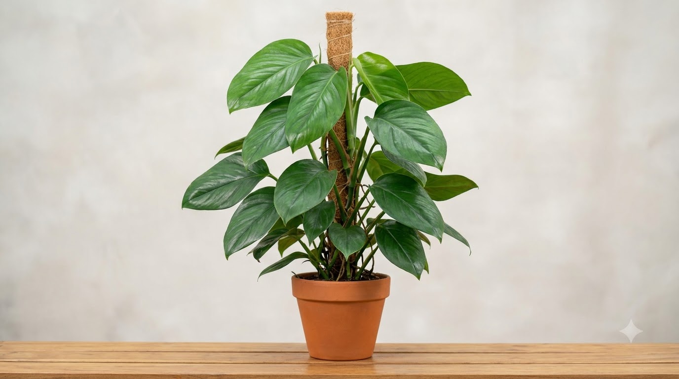Lush green climbing plant supported by a coir totem pole in a terracotta pot on a wooden table.