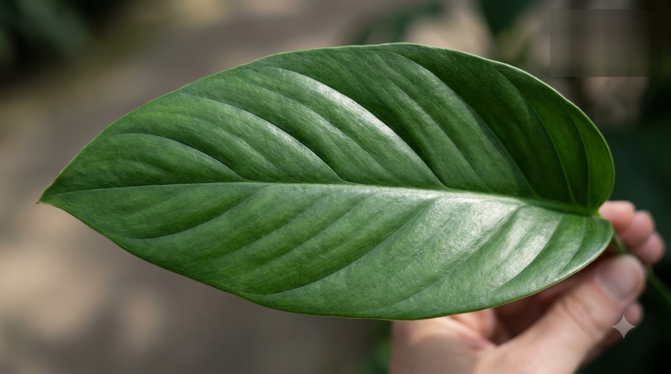 Close-up of a hand holding a single smooth, vibrant green leaf with prominent parallel veins.