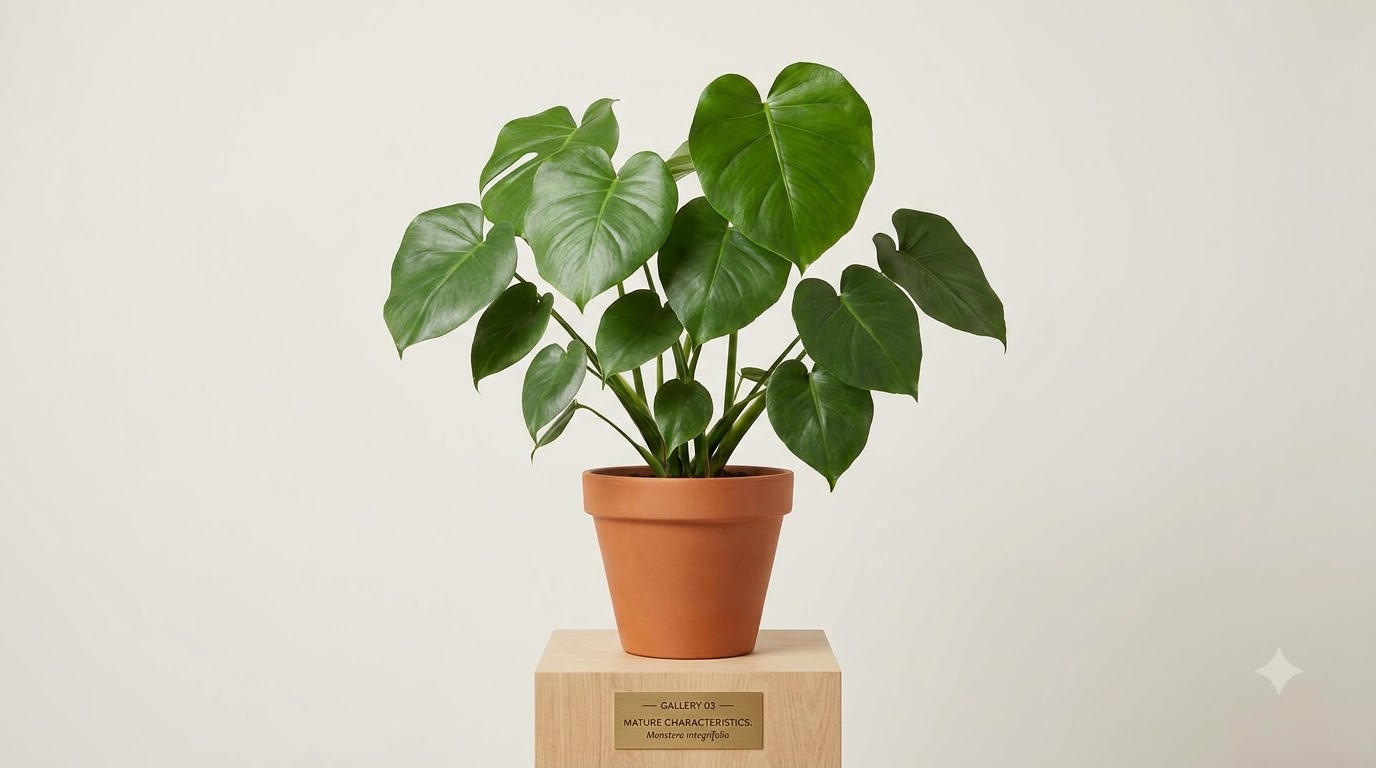 Potted Monstera plant in a terracotta pot sitting on a wooden pedestal against a plain background.