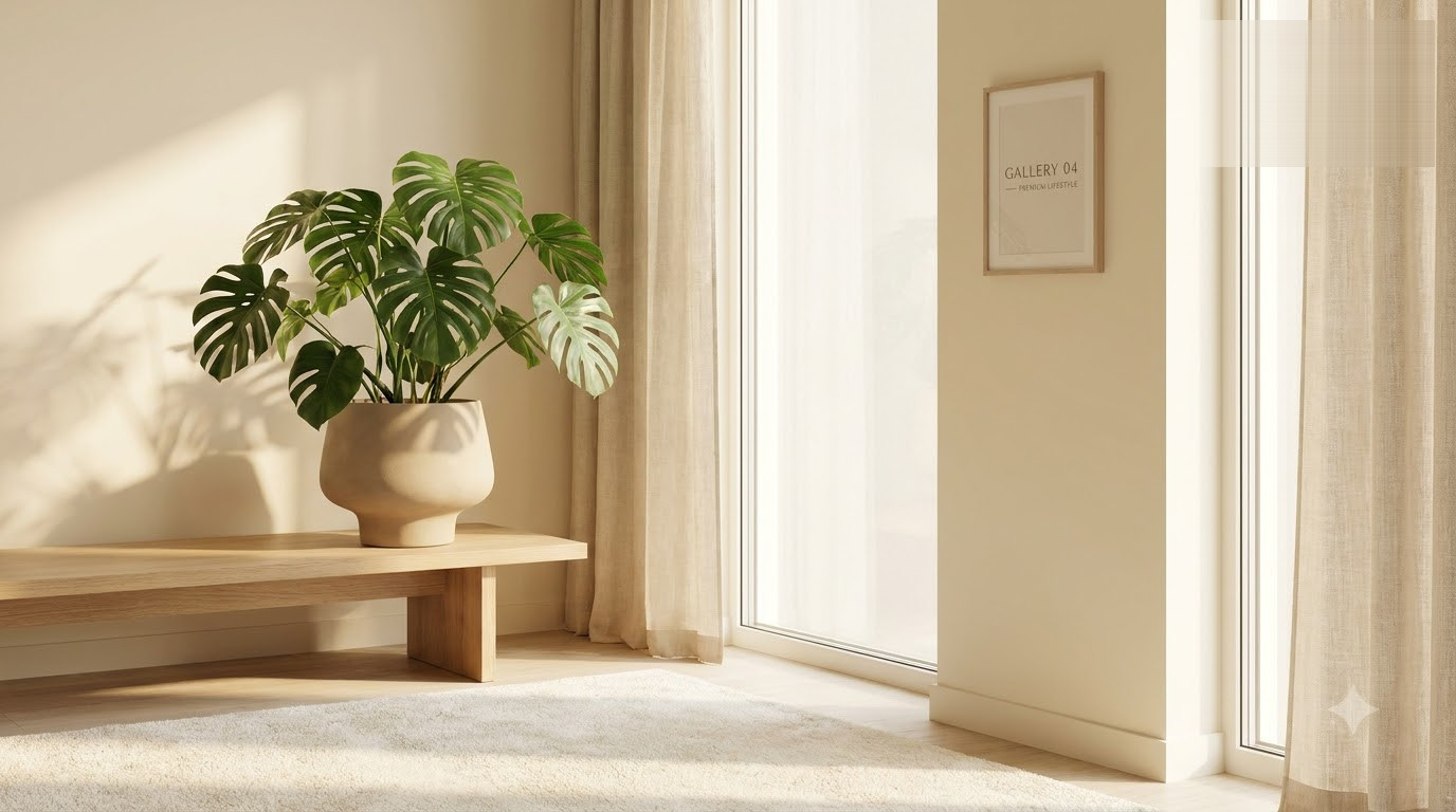 Potted monstera plant on a wooden bench in a sunlit neutral room with a framed print on the wall.