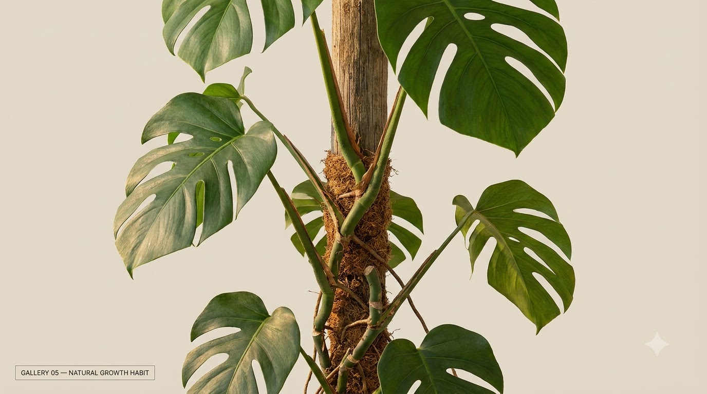 Close-up of a split-leaf plant climbing a moss pole against a plain background.